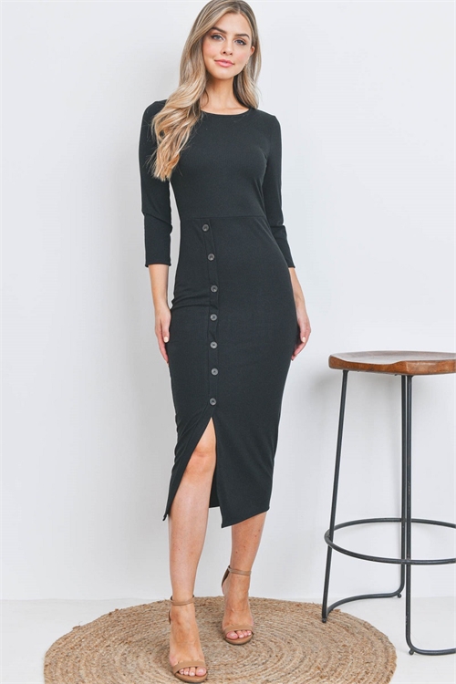 S14-6-2-AD4915-BLACK ROUND NECK BUTTON FRONT RIB MIDI DRESS 2-2-2