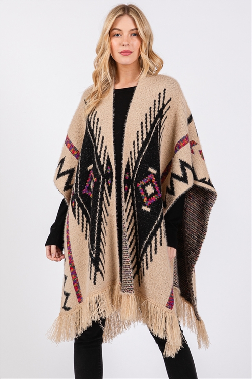 S30-1-1-MS0410 - FUZZY AZTEC PATTERN TASSEL KNIT RUANA/6PCS