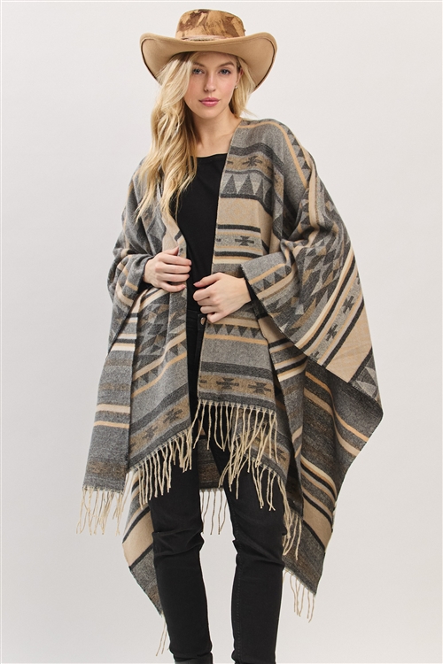 S30-1-1-MI-MS0467BK-AZTEC PATTERN FRINGE RUANA- BLACK/6PCS