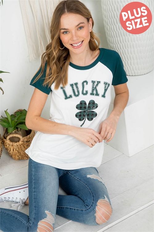 S12-1-1-PPT20642X-IVHNT - PLUS SIZE LUCKY CLOVER PRINT RAGLAN TOP ...