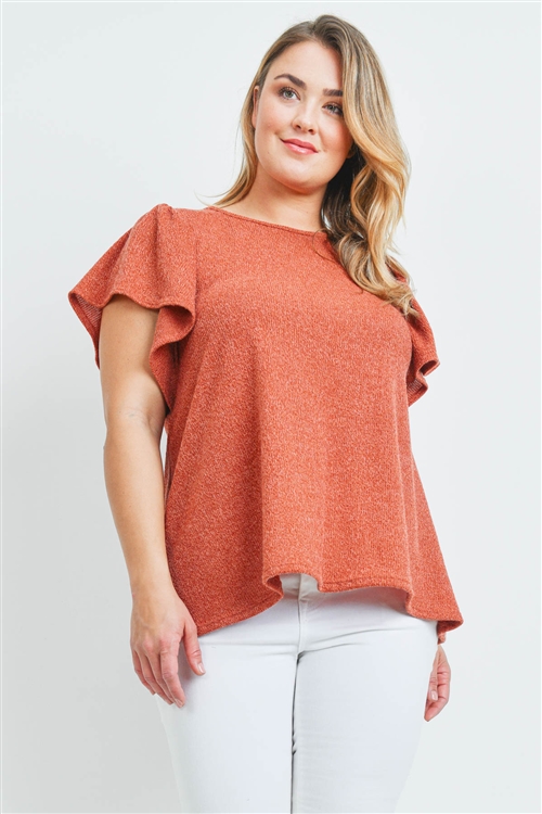 S10-3-3-PPT2140X-RUST - PLUS SIZE RIB DETAIL ROUND NECK FLUTTER SLEEVE ...